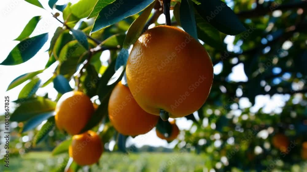 A close-up shot of fresh oranges hanging from branches on an orchard farm, with sunlight filtering through the leaves. The vibrant oranges glow in the warm light, creating a fresh and inviting A close-up shot of fresh oranges hanging from branches on an orchard farm, with sunlight filtering through the leaves. The vibrant oranges glow in the warm light, creating a fresh and inviting