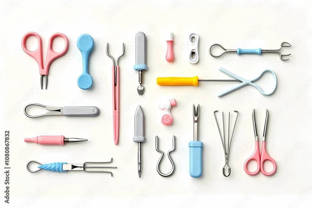 Minimalist medical instruments in pastel pink and blue colors on a white background with copying space  