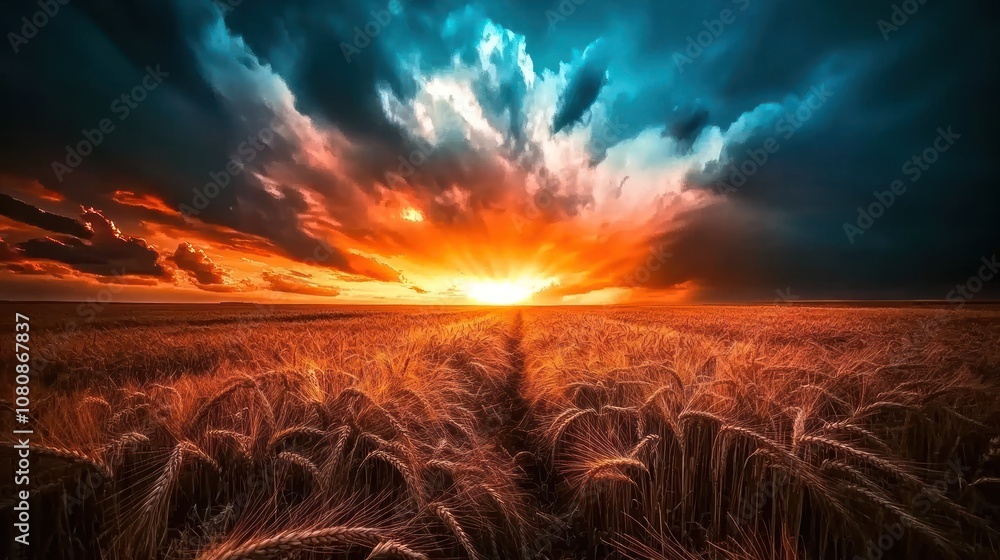 Golden Hour Sunset Over Wheat Field Golden Hour Sunset Over Wheat Field