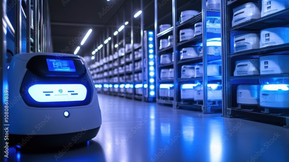Robots automating inventory management in a modern warehouse Robots automating inventory management in a modern warehouse