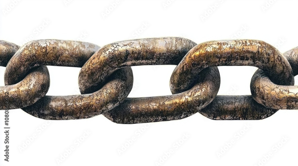 A Close-Up View of a Rusty Metallic Chain Link Showcasing Detailed Texture and Weathering Patterns Against a White Background