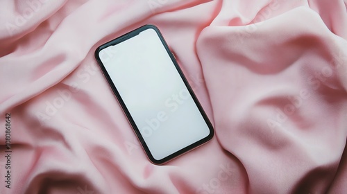 Modern smartphone on soft pink fabric. photo