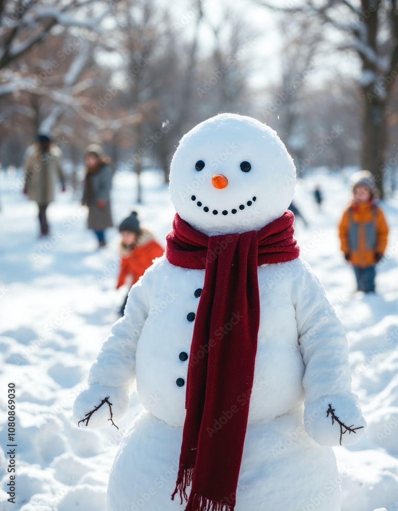 Fototapeta premium Snowman with a carrot nose, hat, and scarf. standing outside on a winters day.