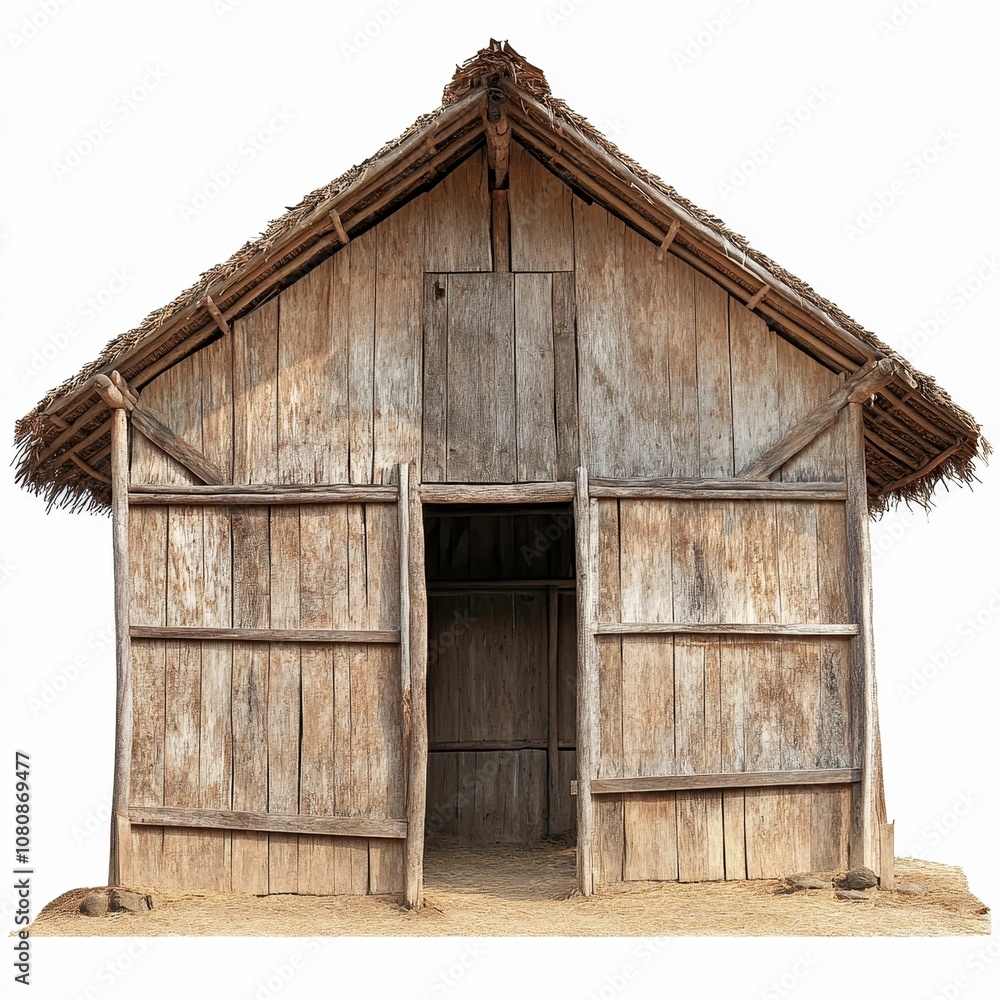 Wooden hut with thatched roof and open door. Wooden hut with thatched roof and open door.