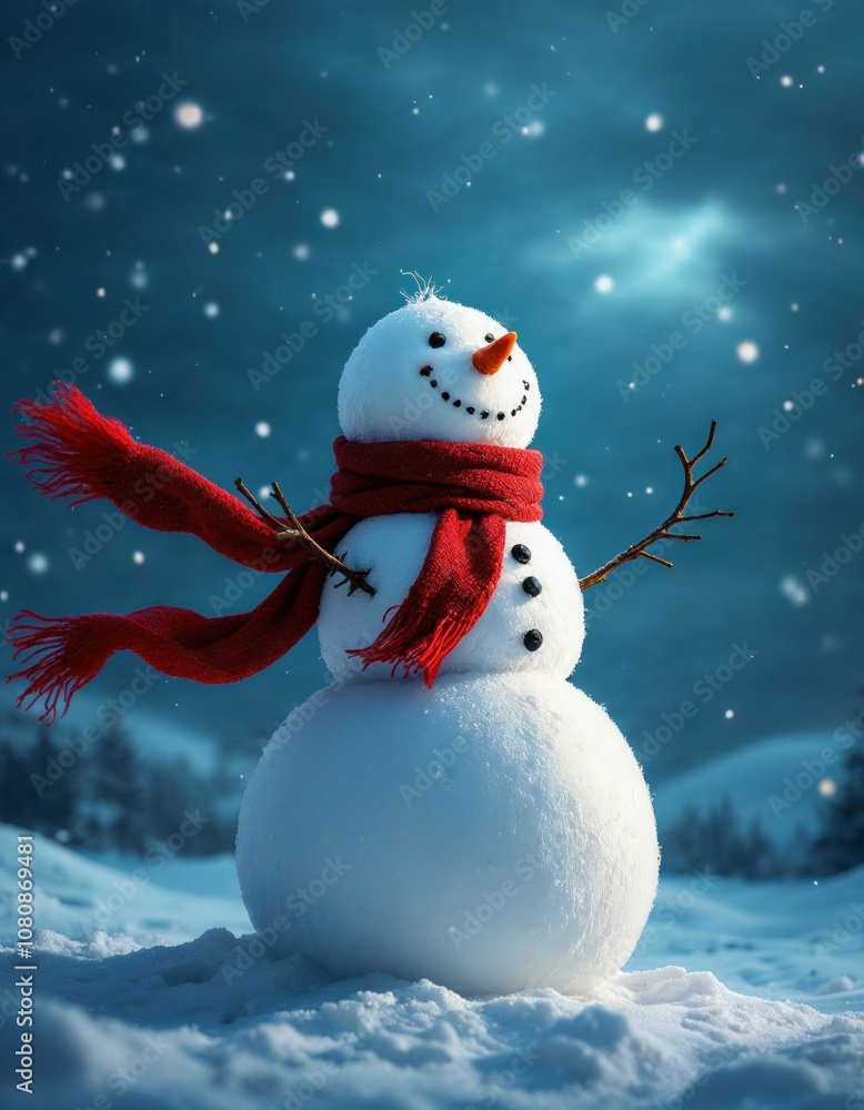 Fototapeta premium Snowman with a carrot nose, hat, and scarf. standing outside on a winters day.