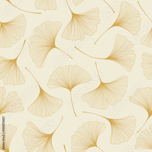 Ginkgo biloba leaves seamless vector pattern. Gold ginkgo leaves on light beige background.