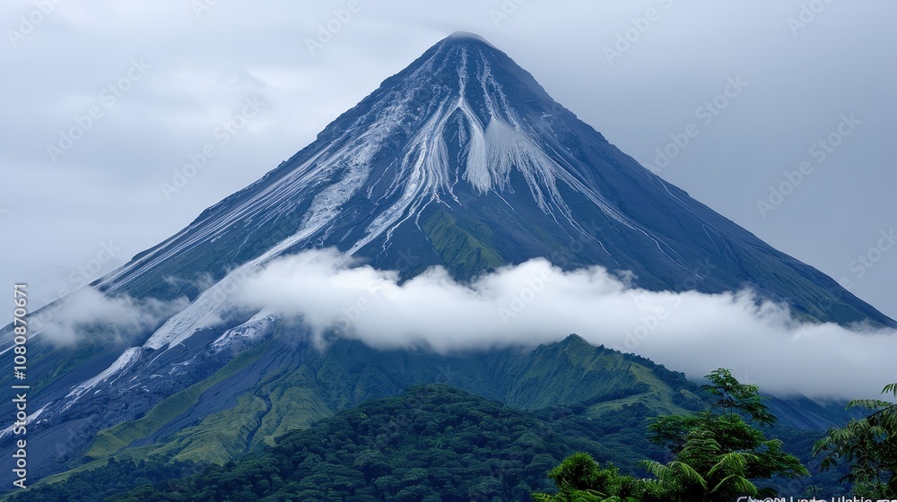 Fototapeta premium A mountain with a snow covered peak and a cloud of mist
