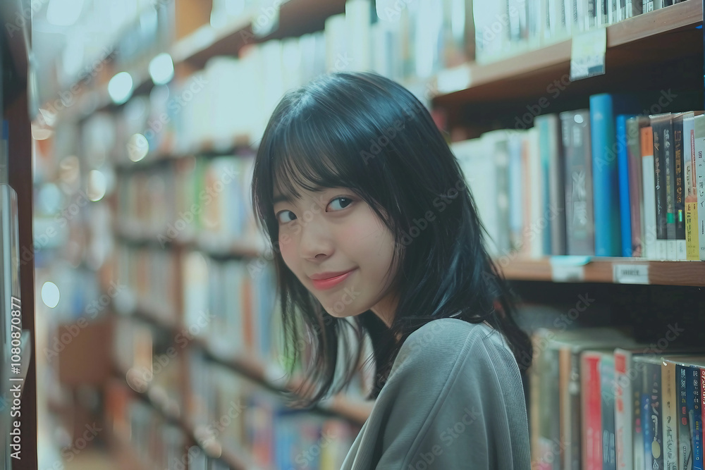 Generative AI Portrait of a Smiling Student in a Library Generative AI Portrait of a Smiling Student in a Library