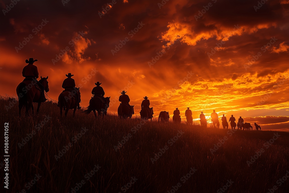 Silhouettes of cowboys riding into a fiery sunset on the open range Silhouettes of cowboys riding into a fiery sunset on the open range