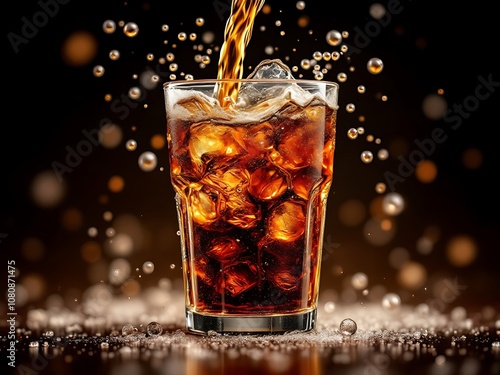 Carbonated Cola Pouring into Glass with Bubbles and Fizz