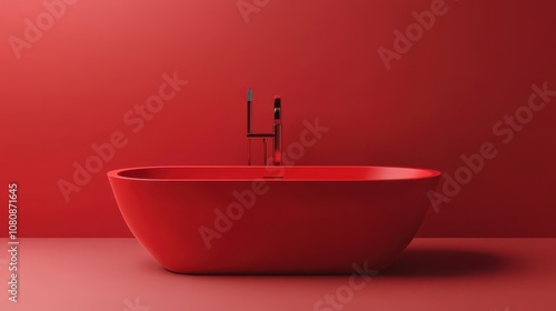 Red Freestanding Bathtub with Chrome Faucet Against a Red Wall