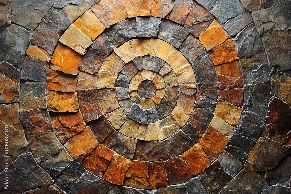 Fototapeta premium A stone wall with a circular pattern, made of different colored stones.