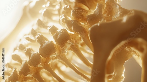 High-detail view of human spine and pelvic bones, showcasing intricate vertebrae and pelvic structure, with soft lighting emphasizing anatomical features for medical study purposes
