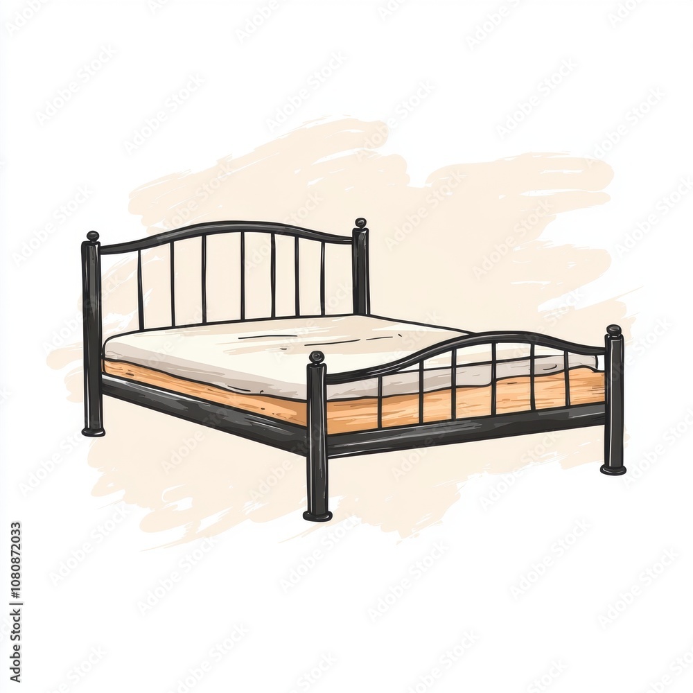 Elegant Black Metal Bed Frame with Wooden Base and Bare Mattress in Minimalist Style on Soft Neutral Background for Cozy Bedroom Decor Ideas