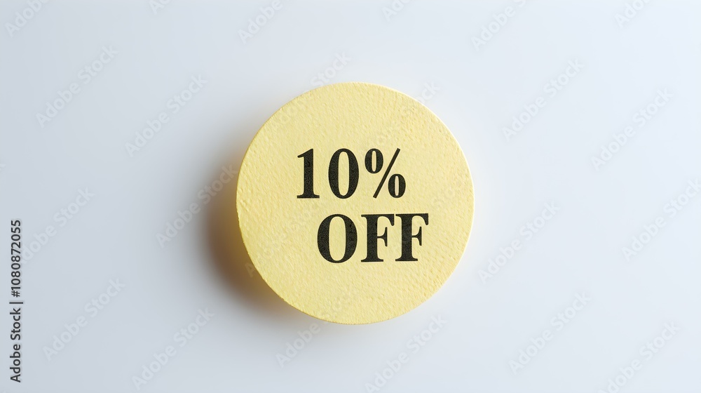 Black '10% OFF' Text on a Light Yellow Round Paper Note. White Background with Copy Space Black '10% OFF' Text on a Light Yellow Round Paper Note. White Background with Copy Space