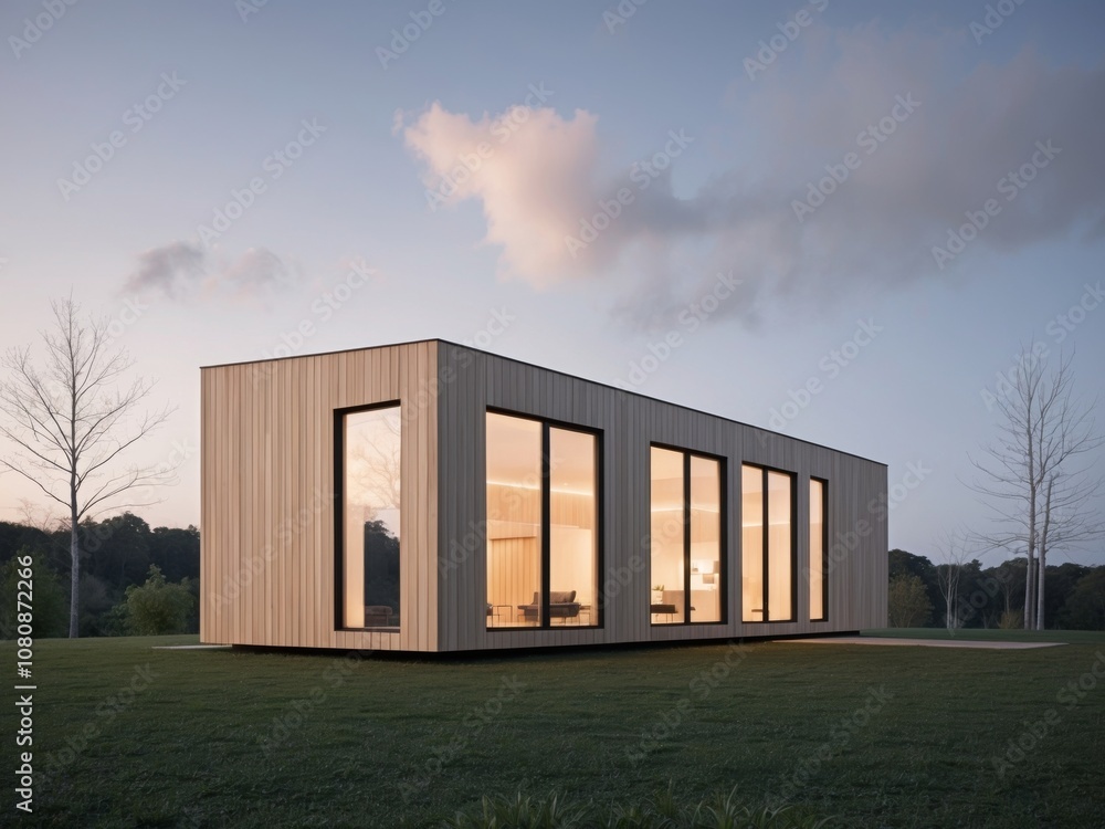 Modern wooden house with large windows and a serene landscape at dusk. Modern wooden house with large windows and a serene landscape at dusk.
