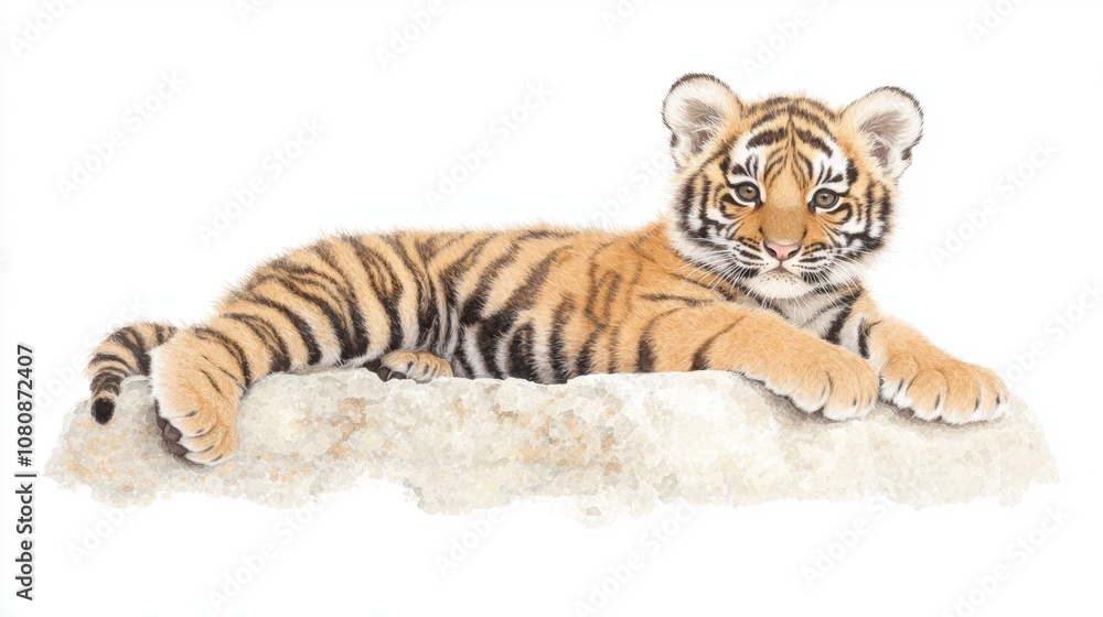 Obraz premium Playful Baby Tiger Cub Relaxing on a Rock, Showcasing its Distinctive Stripes and Adorable Features in a Natural Setting, Perfect for Wildlife and Animal Lovers