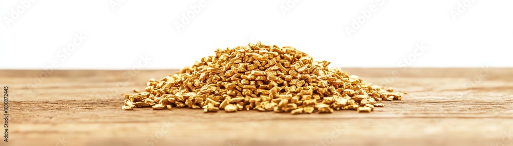 Heap of golden grains on a wooden surface Heap of golden grains on a wooden surface