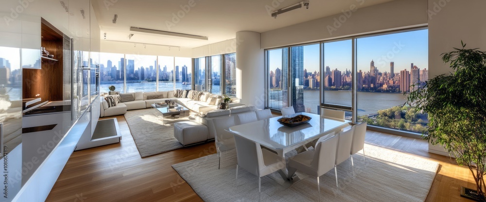 Obraz premium Modern Apartment Interior with City Skyline View