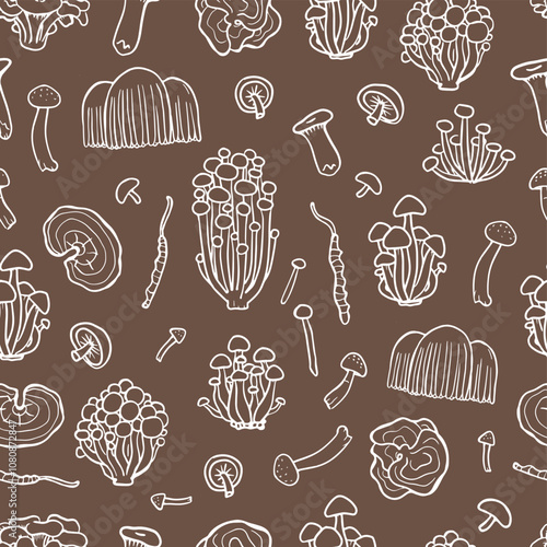 Fungus seamless pattern on beige background. Illustration of Shimeji, erinji, shitaki, cordyceps, turkey tail and lions mane. Hand drawn medicinal mushrooms.