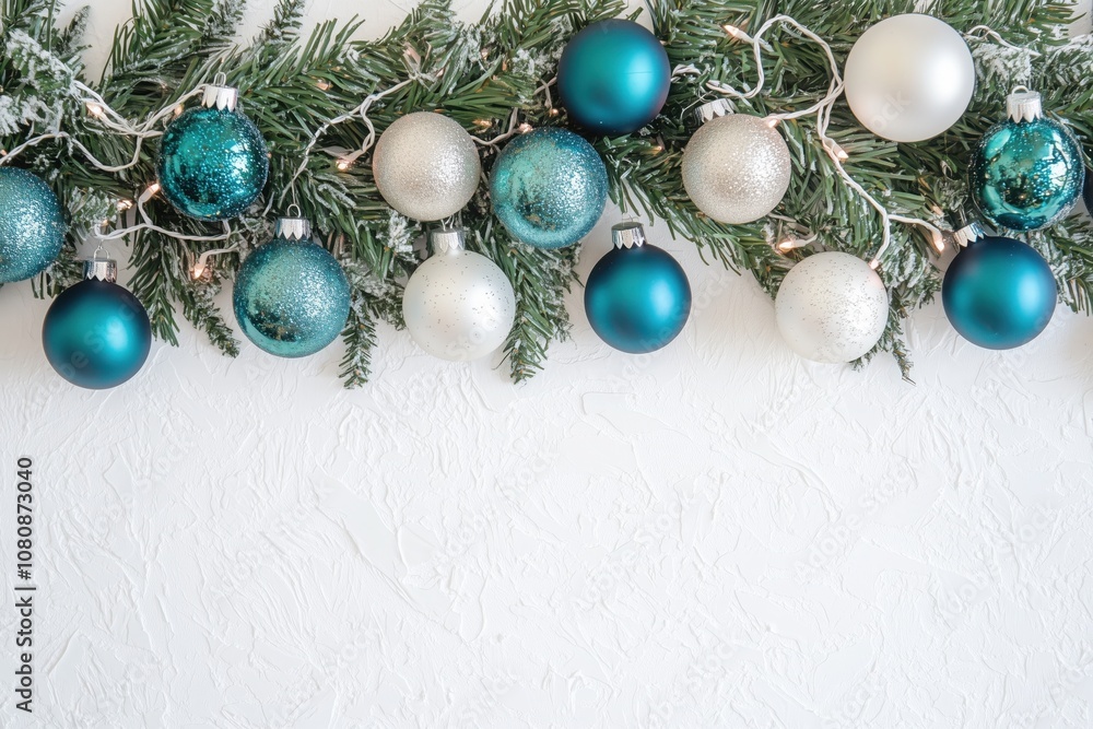 Festive holiday scene with modern blue and white ornaments, string lights, and christmas garland hanging on a textured white background Festive holiday scene with modern blue and white ornaments, string lights, and christmas garland hanging on a textured white background