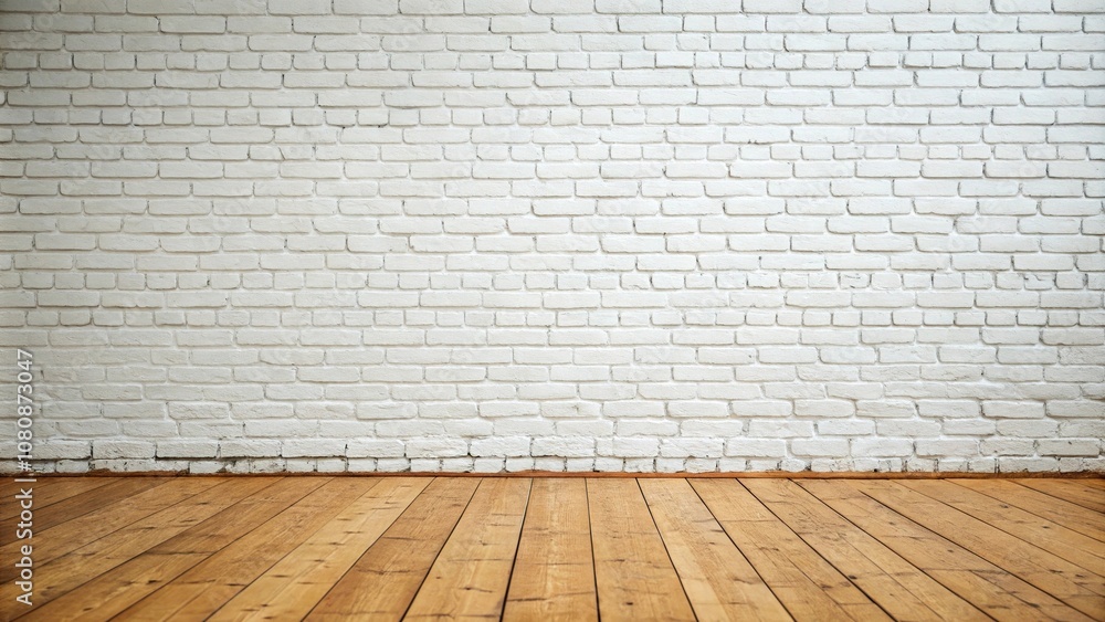 Fototapeta premium A large white brick wall with a warm wooden floor in the background, cozy atmosphere, natural materials