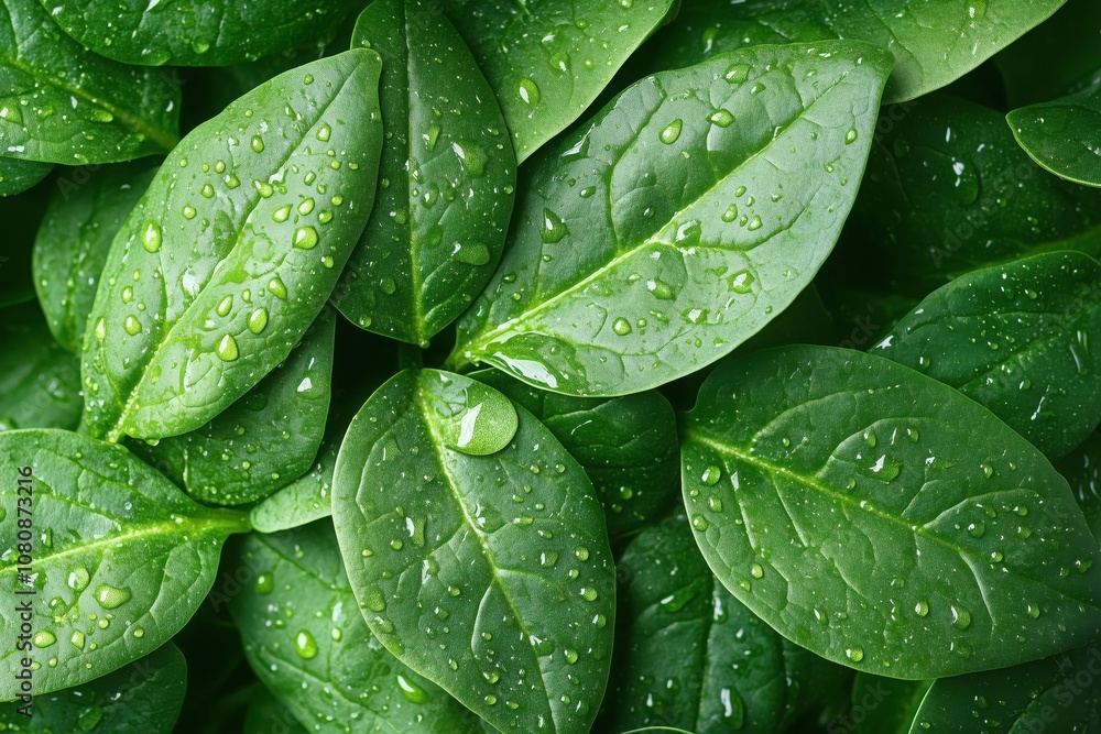 Vibrant green spinach leaves adorned with water droplets, providing a natural and refreshing backdrop for healthy food and nature-inspired projects Vibrant green spinach leaves adorned with water droplets, providing a natural and refreshing backdrop for healthy food and nature-inspired projects