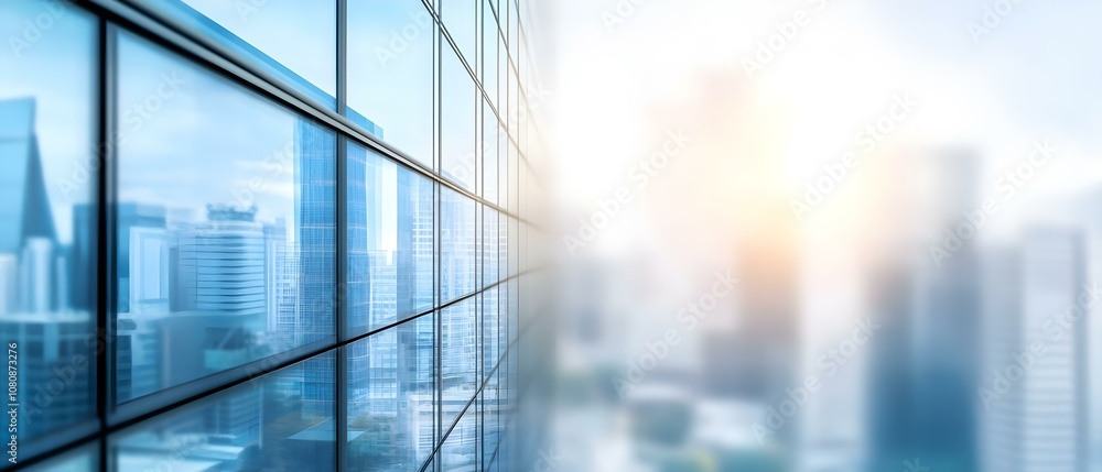 A modern cityscape reflecting on glass windows of high-rise buildings, with a soft focus and warm sunlight in the background. Concept Urban Reflections, High-Rise Architecture A modern cityscape reflecting on glass windows of high-rise buildings, with a soft focus and warm sunlight in the background. Concept Urban Reflections, High-Rise Architecture