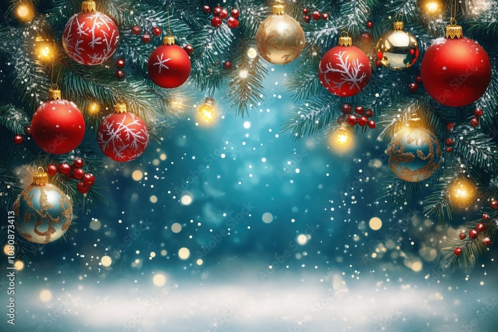 Festive christmas ornaments on snowy fir branches with lights and berries on turquoise background Festive christmas ornaments on snowy fir branches with lights and berries on turquoise background