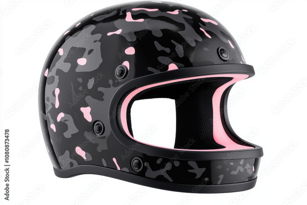 Fototapeta premium Stylish Black and Pink Camo Motorcycle Helmet with Smooth Finish and Comfortable Interior for Safe and Trendy Riding Experiences