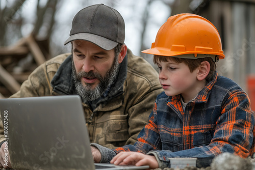 Architect and young apprentice collaborating on building plans outdoors