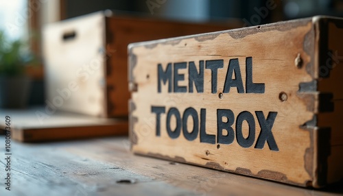 A rustic wooden box labeled "MENTAL TOOLBOX" sits prominently on a weathered table, inviting introspection and creativity. The warm tones of the wood and the soft focus of the background create a cozy