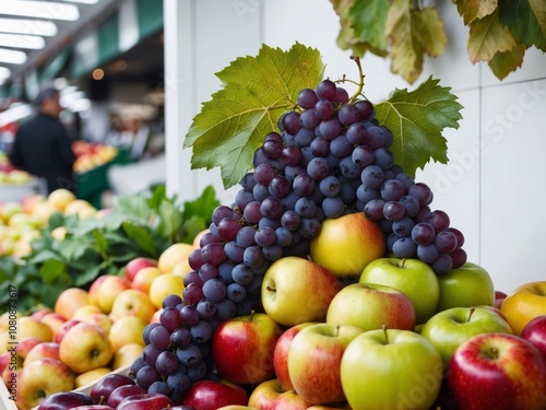 Fresh Produce Display with Grapes and Apples in Market. photo