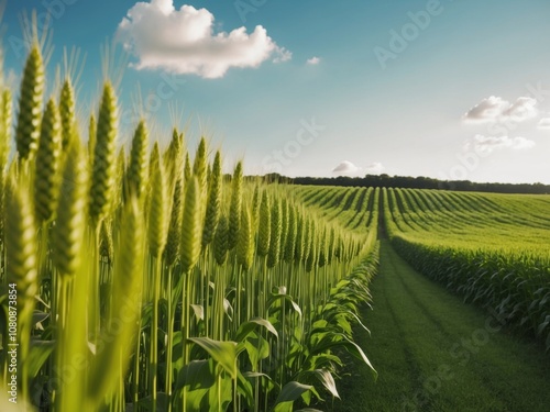 Rows of green crops basking in the sunlight on a farm. photo