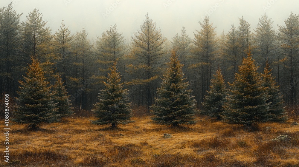 Misty forest landscape with evergreen trees and autumn foliage. Misty forest landscape with evergreen trees and autumn foliage.