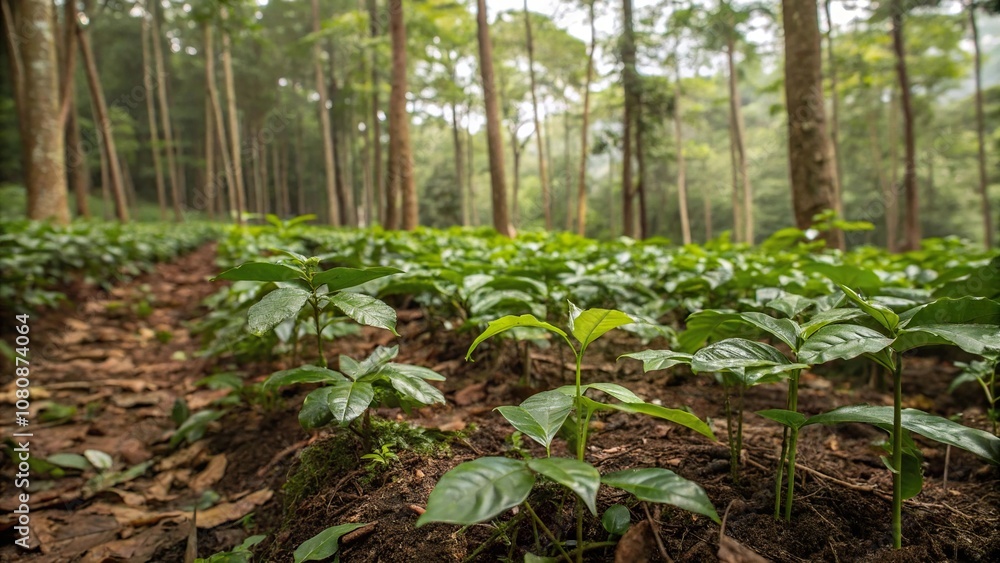 A lush forest floor with an abundance of young coffee tree seedlings, showcasing their unique shapes and sizes amidst the undergrowth, organic, botanical A lush forest floor with an abundance of young coffee tree seedlings, showcasing their unique shapes and sizes amidst the undergrowth, organic, botanical