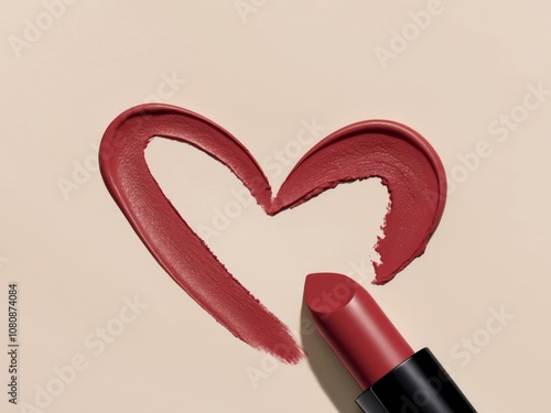 heart shape created with smear of red lipstick cream with texture on beige background.