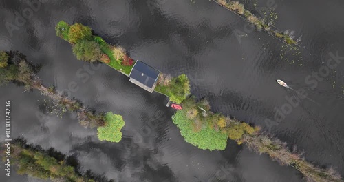 loosdrechtse plassen, water village, house on water, nature of The Netherlands. Breukelen, Scheendijk, aerial drone view. photo