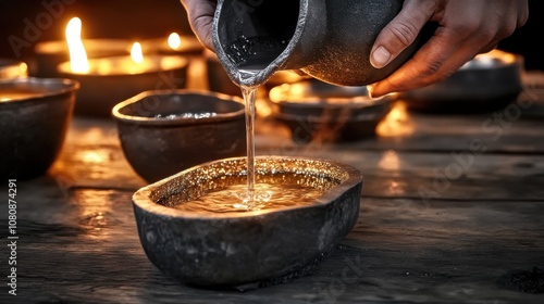 Hands pouring molten metal in traditional foundry setting