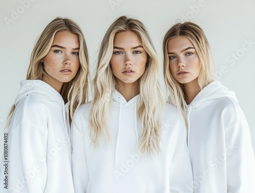 Three Fierce Female Models in White Hoodies Facing Forward Against Clean Background for Clothing Brand Photography