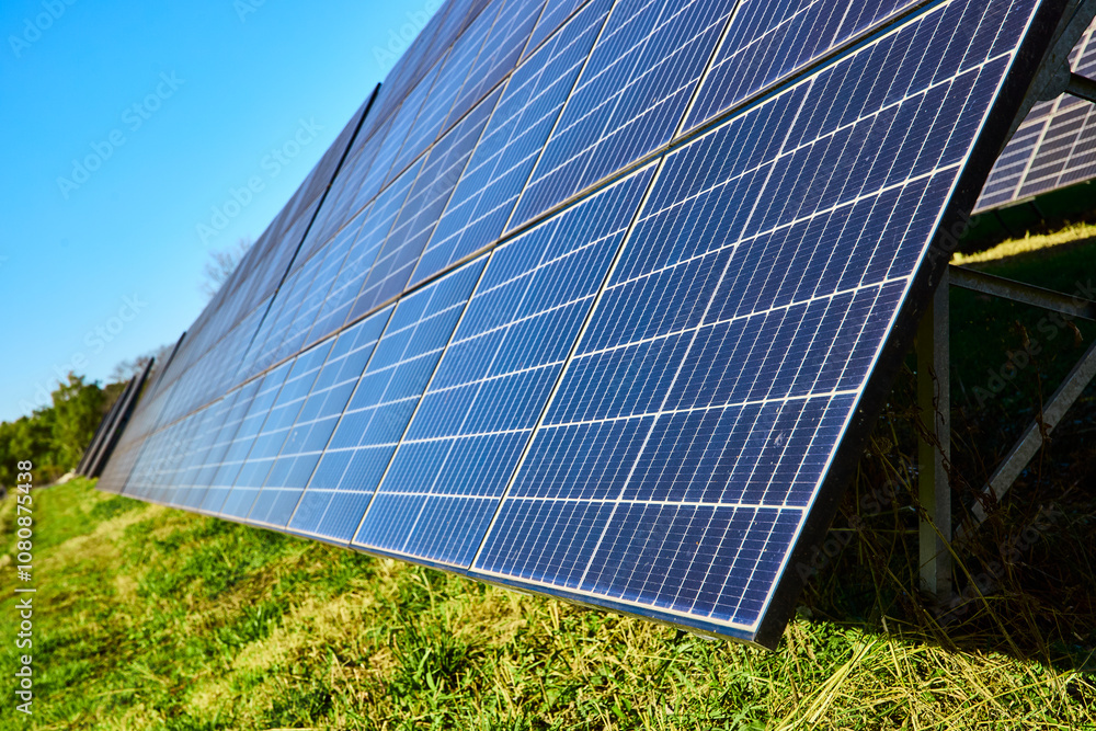 Solar Panels on Grassy Field with Upward Perspective Solar Panels on Grassy Field with Upward Perspective