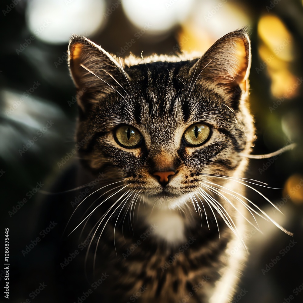 A tabby cat with green eyes stares intently at the camera with a blurred background. A tabby cat with green eyes stares intently at the camera with a blurred background.