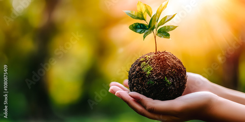 Mains tenant une boule de terre avec une plante en train de pousser photo