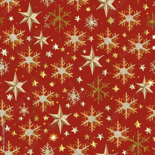 Minimalist decorative background with endless pattern - stars and snowflakes on red background