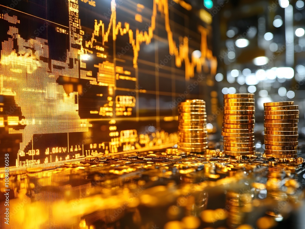 Stacks of Gold Coins with a Digital Financial Chart in the Background Reflecting Market Trends, Investments, and Economic Growth in a Modern Business Environment Stacks of Gold Coins with a Digital Financial Chart in the Background Reflecting Market Trends, Investments, and Economic Growth in a Modern Business Environment