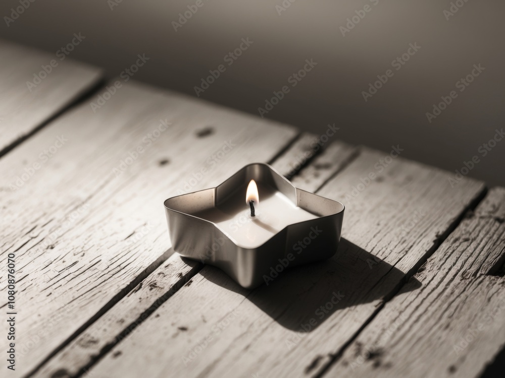glowing star shaped candle illuminates rustic wooden surface. glowing star shaped candle illuminates rustic wooden surface.