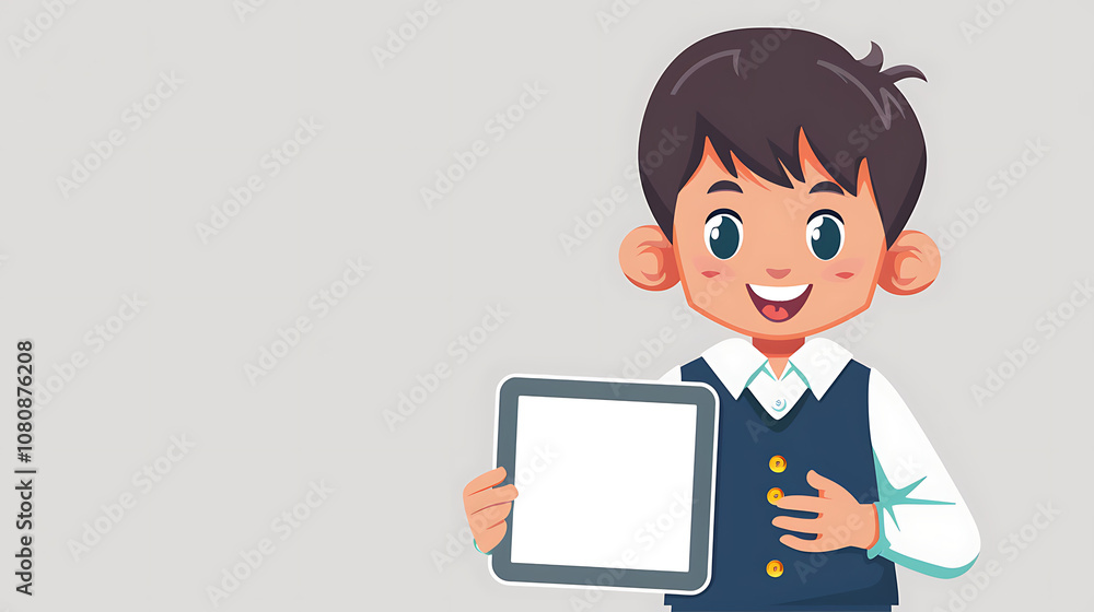 Cheerful Young Boy Holding a Blank Tablet in Casual Attire with a Bright Smile Against a Simple Gray Background for Educational and Technology Themes