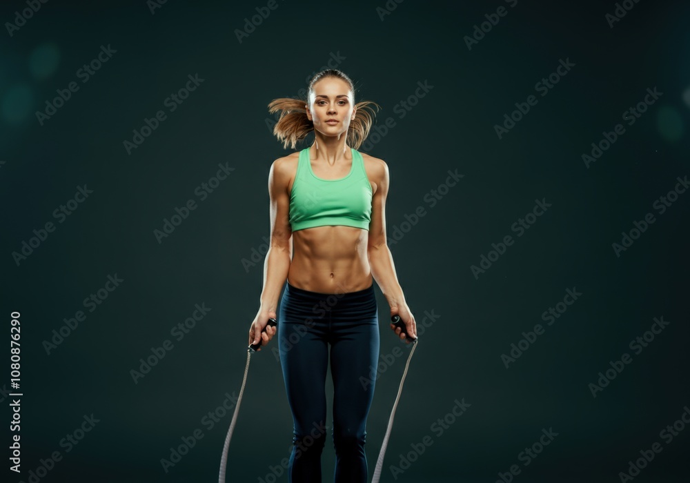 A woman in a green sports bra is holding a jump rope. A woman in a green sports bra is holding a jump rope.