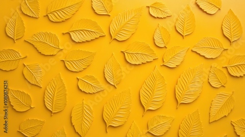 Vibrant Yellow Leaves Arranged Creatively on a Bright Yellow Background for Use in Design, Art, and Decoration Projects Capturing the Essence of Autumn