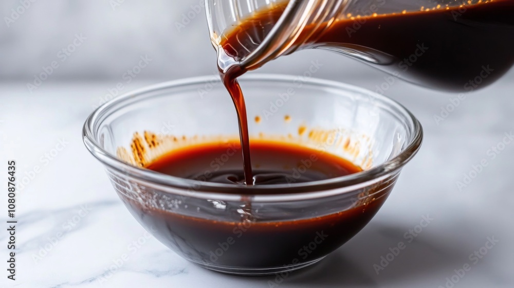 Fototapeta premium Pouring Dark Sauce into Glass Bowl: A Culinary Delight